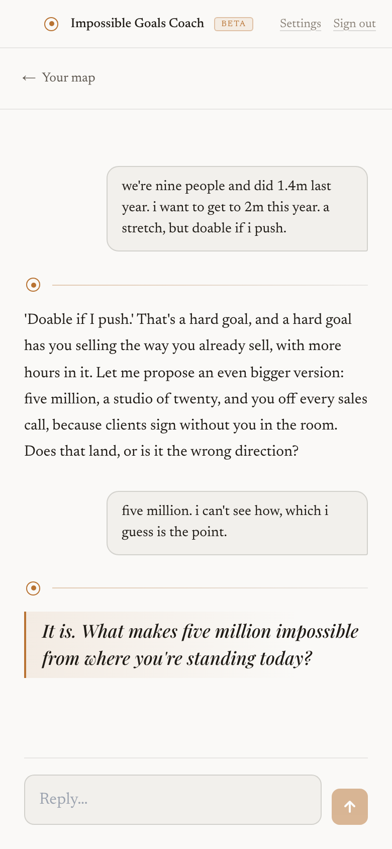 A conversation where the member names a goal they could reach by pushing, and the coach says a bigger one back and asks whether it lands.